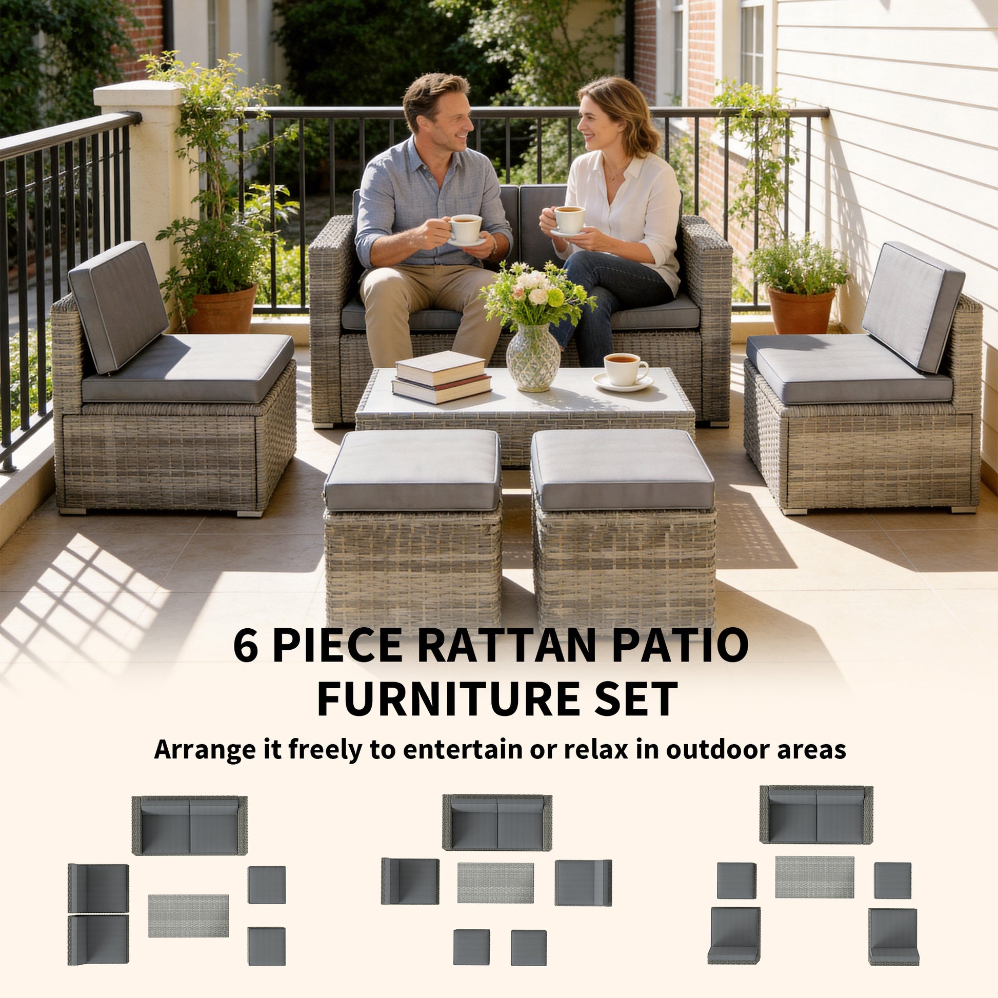 Outsunny 6 Piece Rattan Garden Furniture Set Loveseat, Chairs, Table, Footstools, Dark Grey