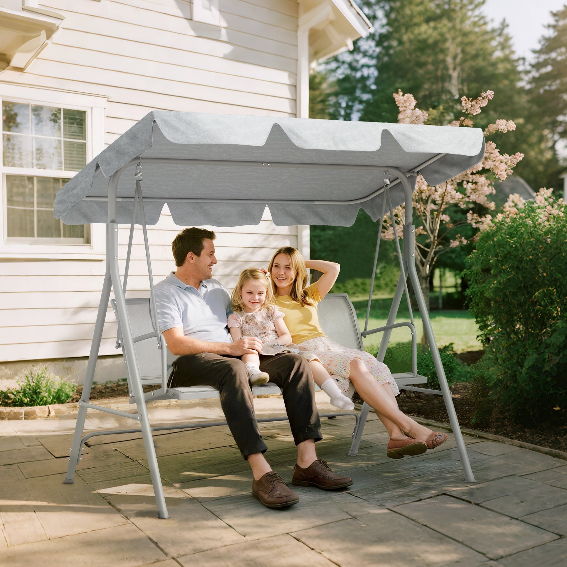 Capri Metal Garden Swing Chair, 3-Seater Swing Seat, Patio Hammock Bench Canopy Lounger, Light Grey