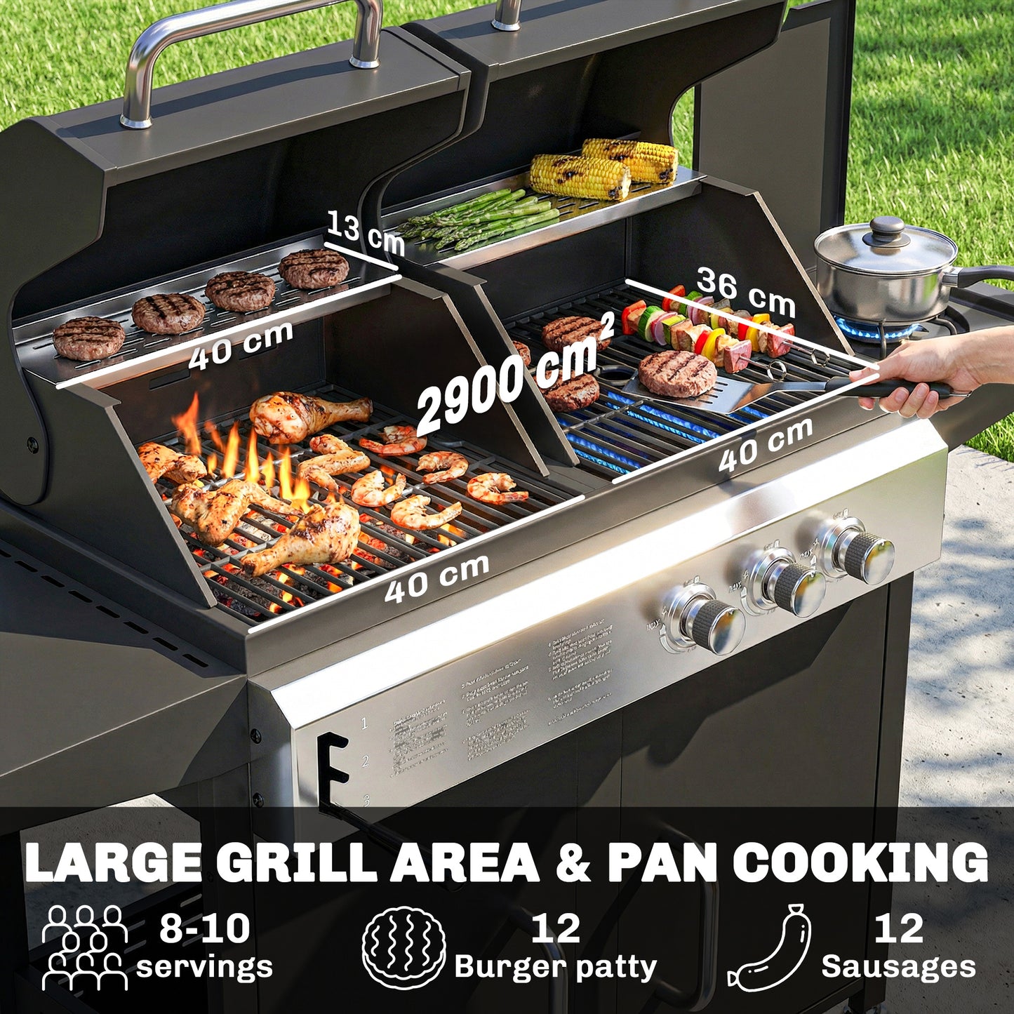 Outsunny 2+1 Burner Hybrid Dual Fuel BBQ Gas Grill, 2-in-1 Propane & Charcoal Barbecue Grill Smoker Combo with Wheels, Black