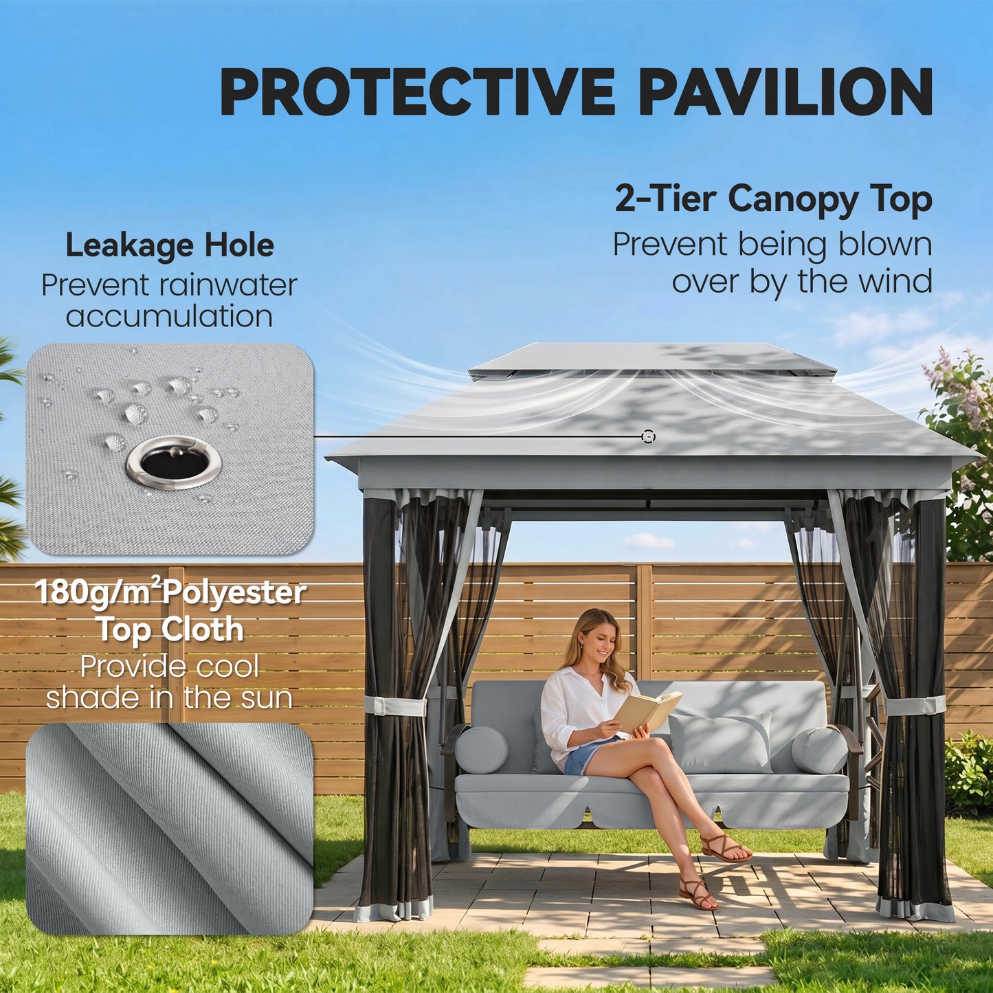 Outsunny 3 Seater Swing Chair 3-in-1 Convertible Garden Swing Seat Bed Gazebo Patio Bench Outdoor with Double Tier Canopy, Cushioned Seat, Mesh Sidewalls, Grey