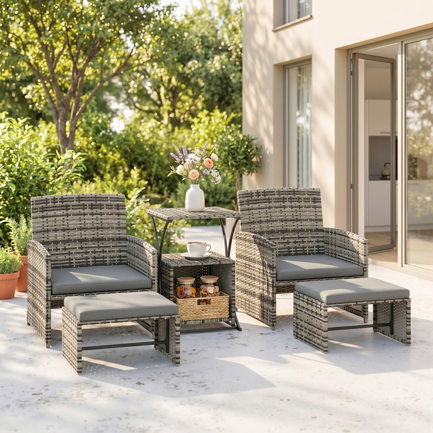 Santorini 6 Piece Rattan Garden Furniture, Space-Saving Garden Furniture Set with Nesting Tables, Chairs, Stools