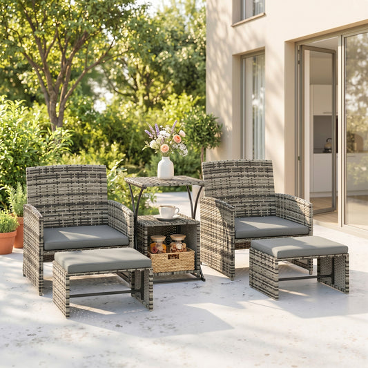 Santorini 6 Piece Rattan Garden Furniture, Space-Saving Garden Furniture Set with Nesting Tables, Chairs, Stools