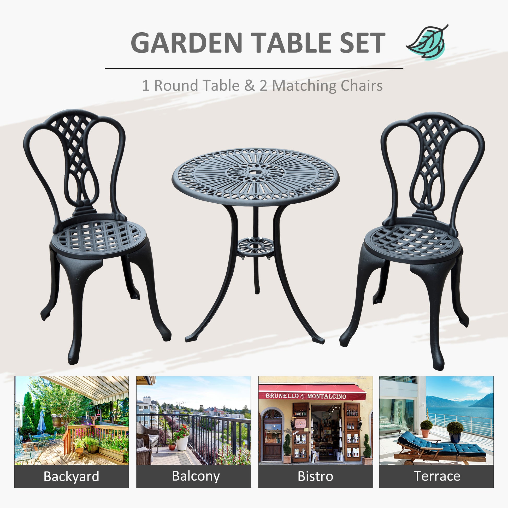 Outsunny 3 Piece Small Patio Furnture Cast Aluminium Bistro Set Garden Outdoor Table and Chairs Shabby Chic Style