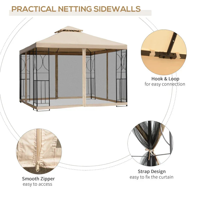 Beige 3m x 3m Hardtop Gazebo – Double Tier Roof Garden Shelter with Net Curtains and Storage Trays
