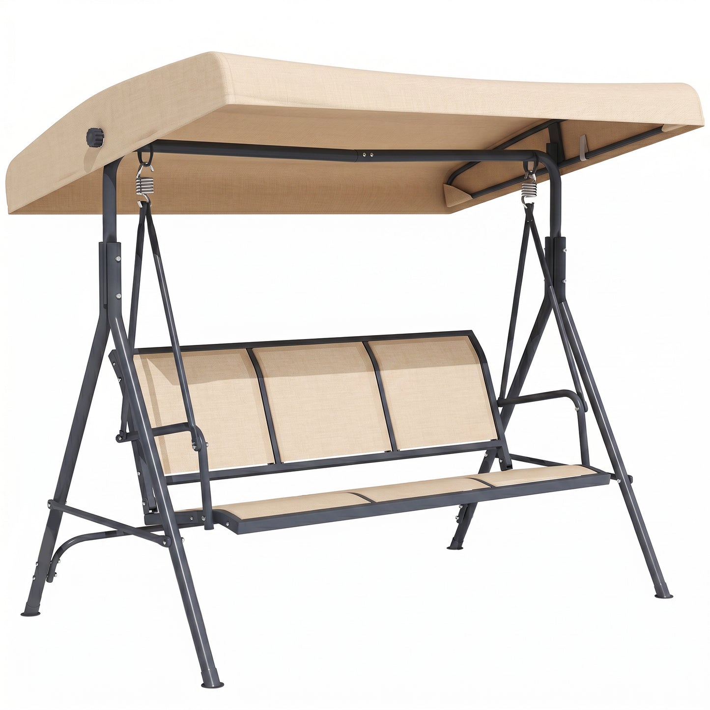 Outsunny 3 Seater Swing Chair, Garden Swing Bench with Adjustable Tilting Canopy, Breathable Mesh Seat and Heavy Duty Steel Frame for Patio, Yard, Beige