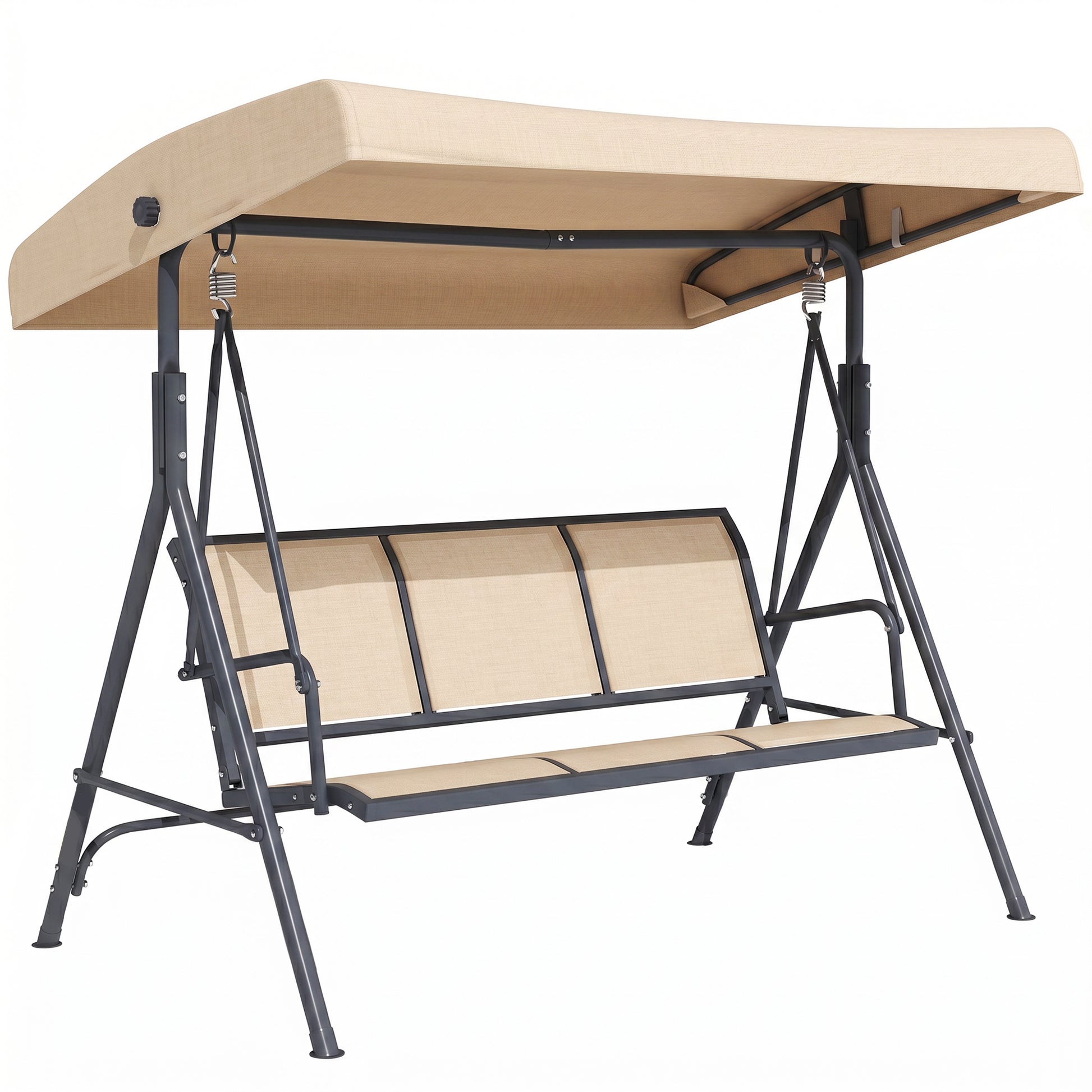 Outsunny 3 Seater Swing Chair, Garden Swing Bench with Adjustable Tilting Canopy, Breathable Mesh Seat and Heavy Duty Steel Frame for Patio, Yard, Beige