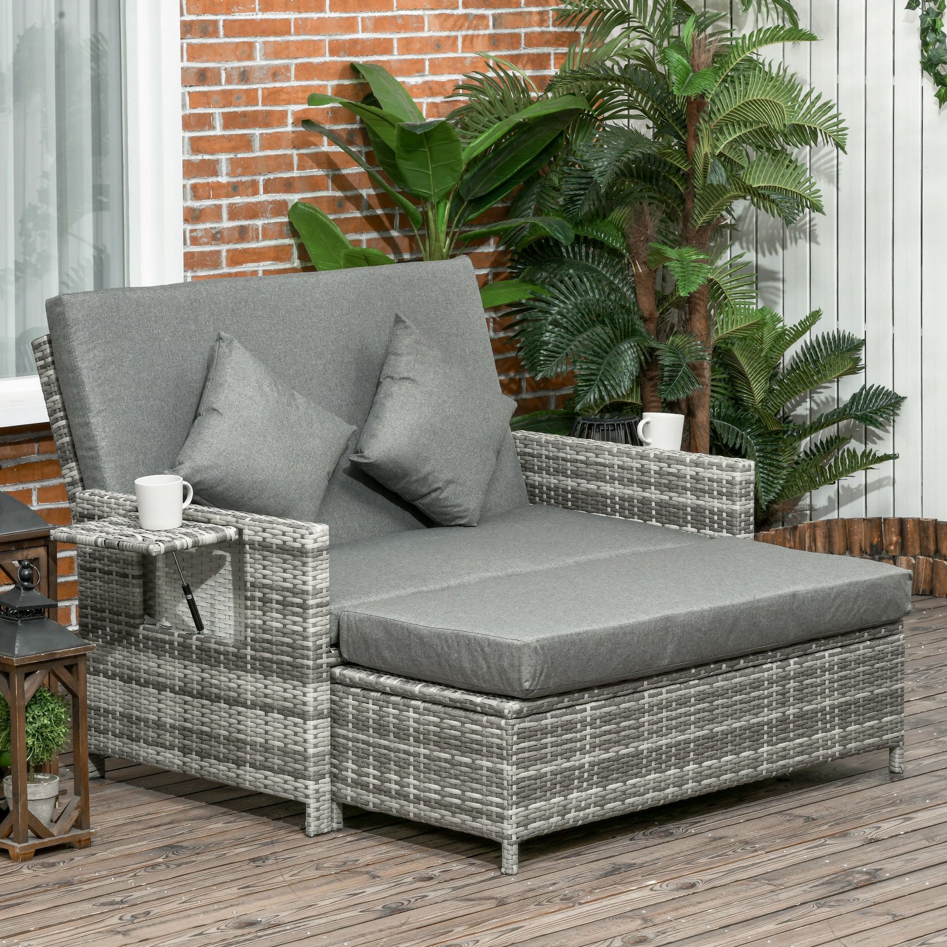 Tivoli Rattan Garden Daybed, Assembled Double Sun Lounger with 5-Level Adjustable Back, Storage Ottoman, Cushions
