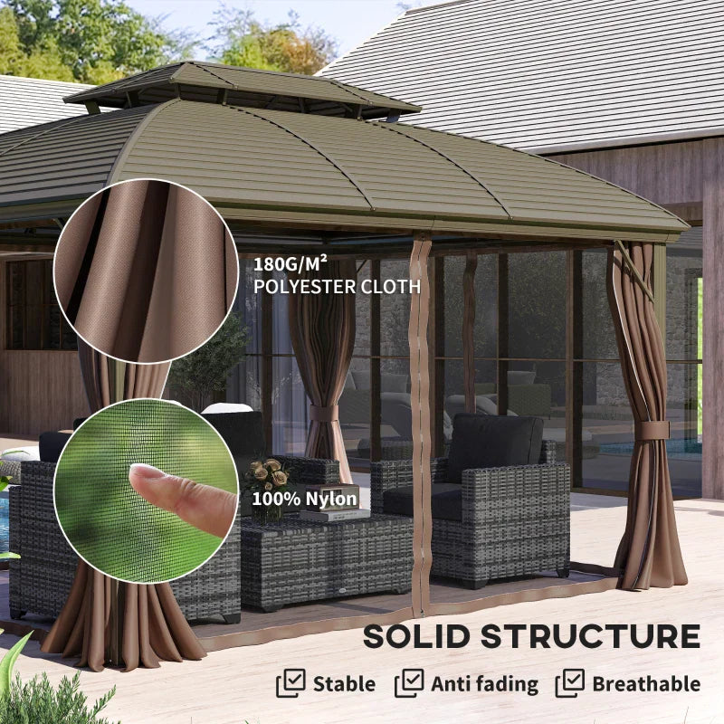 3.65m x 3m Coffee Hardtop Garden Gazebo with Steel Roof, Aluminium Frame, Double – Tier Canopy, Curtains & Mesh Sidewalls – Luxury Outdoor Pavilion...