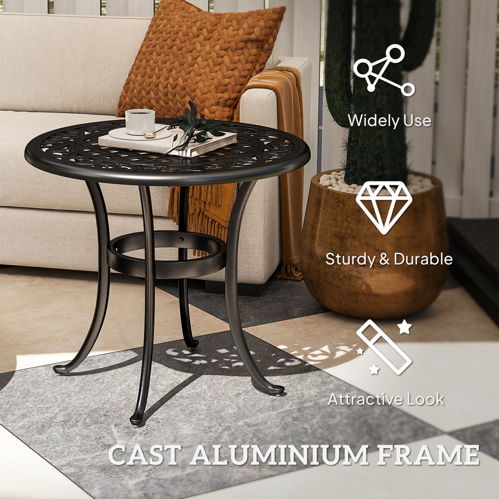 Outsunny Outdoor Garden Table, Cast Aluminium Patio End Table with Anti-slip Foot Pads for Garden, Patio, Balcony, 60 x 60 cm, Black