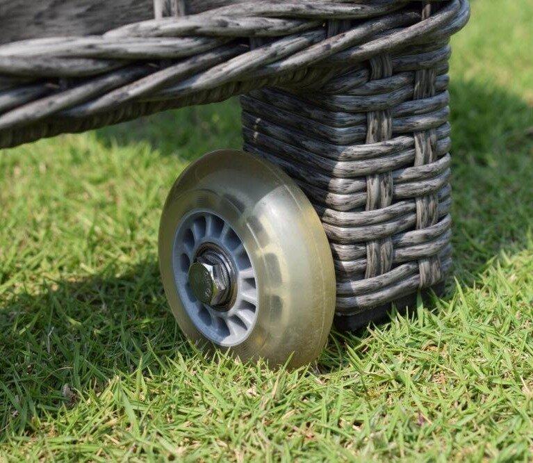 A close-up of a grey wicker outdoor furniture piece with a sturdy, transparent plastic wheel resting on green grass, highlighting its durability and mobility.