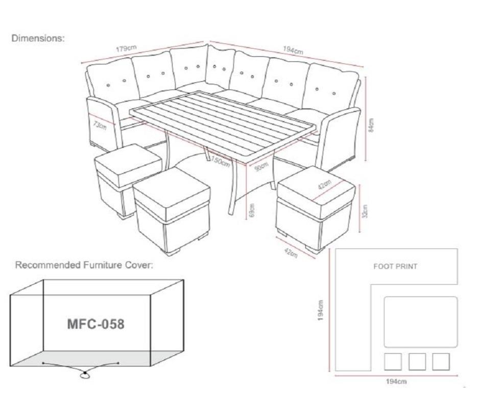 Illustration of a corner garden furniture set with dimensions. Includes a sofa, table, and stools. Recommended cover: MFC-058. Footprint shown.