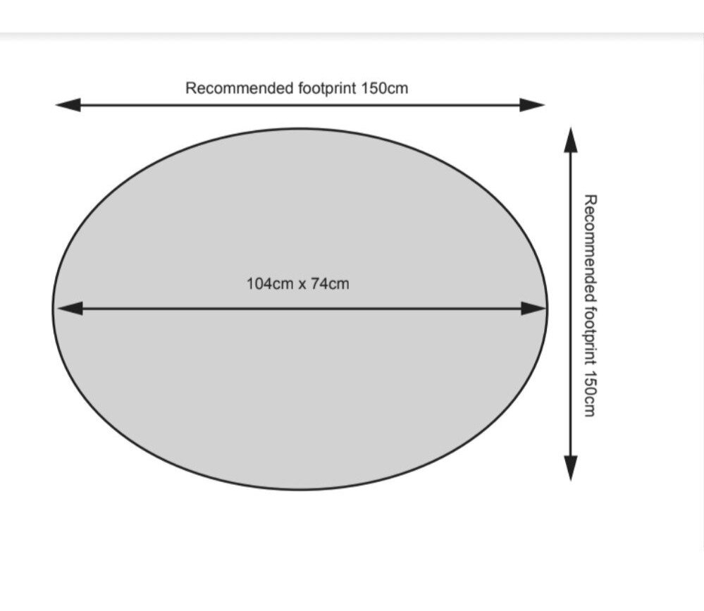 Oval-shaped ergonomic design with dimensions of 104cm by 74cm, featuring a recommended footprint of 150cm for optimal placement and use in any space.