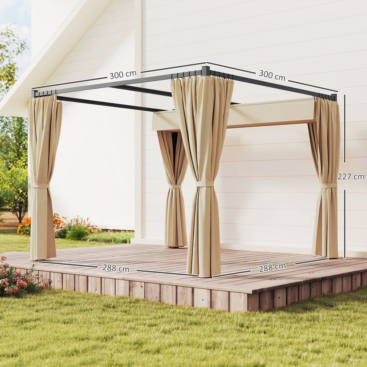3m x 3m Retractable Metal Pergola with Curtains – Outdoor Patio & Deck Shelter, Adjustable Canopy Shade for BBQ & Grill Area, Beige