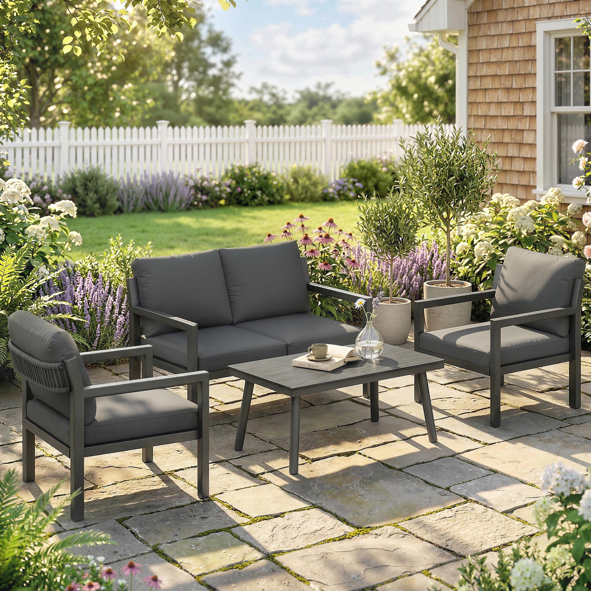 Verona 4 Seater Rattan Garden Furniture Set with 2 Armchairs, Loveseat, Coffee Table, Dark Grey