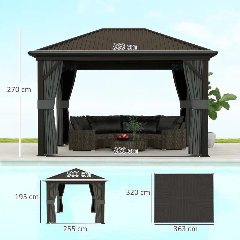 3.6m x 3m Dark Grey Hardtop Garden Gazebo with Aluminium Frame, Metal Roof, Privacy Curtains & Insect Mesh Panels