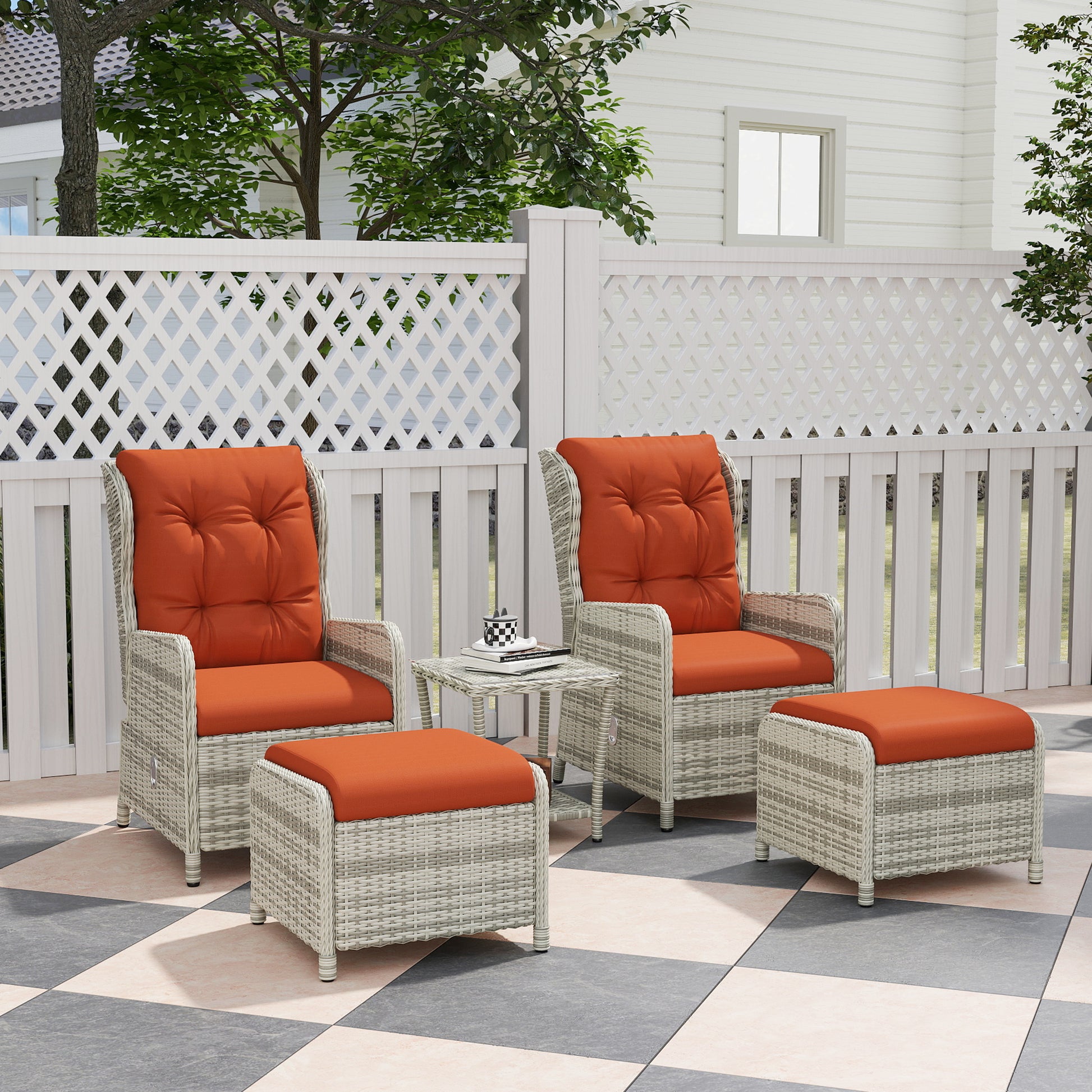 Verona 5 Piece Rattan Bistro Set with Adjustable Back, Reclining Wicker Balcony Furniture with Cushions