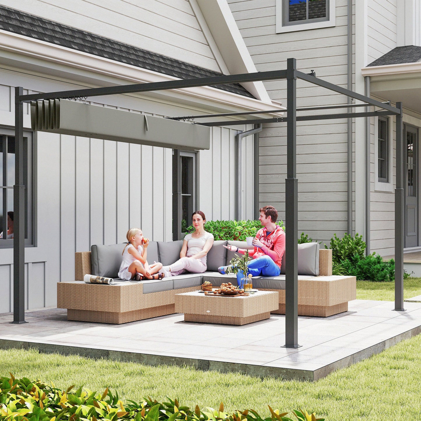 Outsunny 3 x 3(m) Metal Pergola with Retractable Roof and Magnetic Fixture, Outdoor Gazebo Garden Pergola Kit Sun Shade Canopy, UPF30+, 80mm Metal Column, Grey