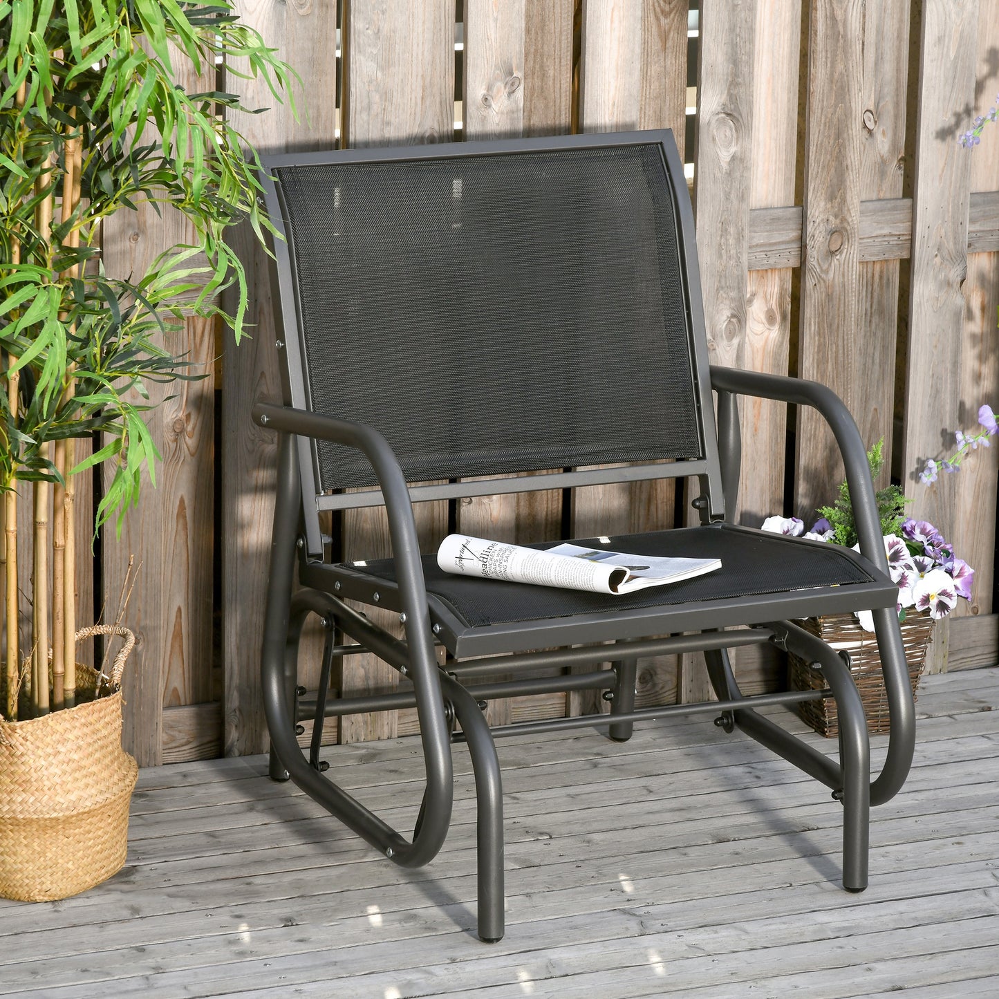 Verona Garden Glider Chair, Metal Frame Single Armchair Swing Seater w/ Breath Mesh Fabric Seat, Curved Backrest