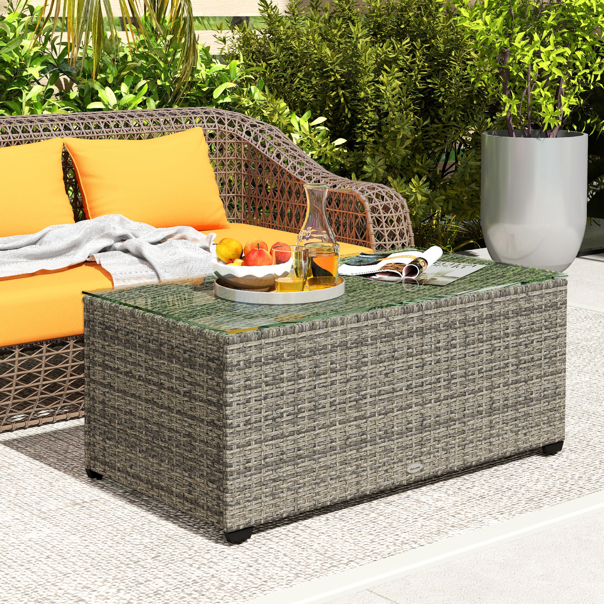 Amalfi 90 x 50cm Glass-Top Rattan Side Table - Dark Grey