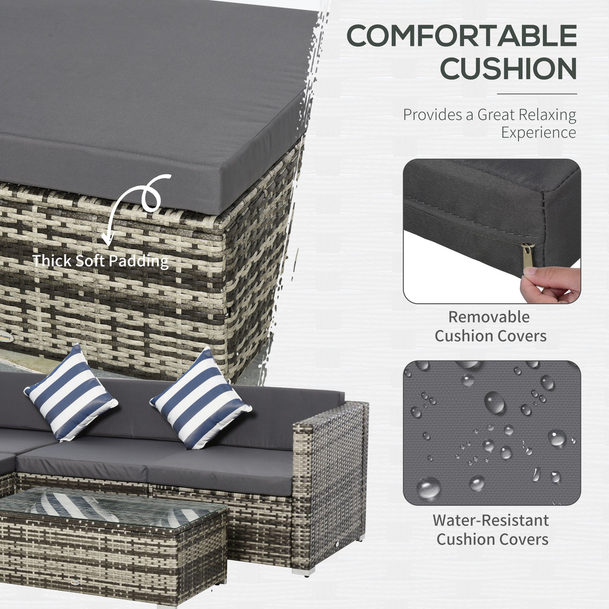 Outsunny Rattan Garden Sofa Set, 4-Seater Wicker Sectional for Garden, Grey