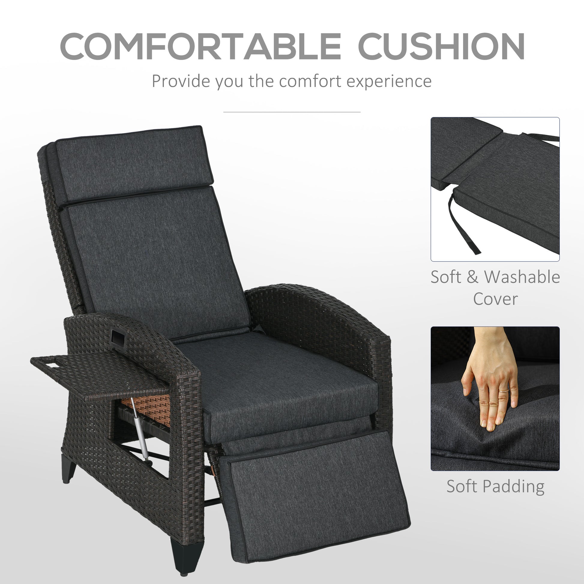 Outsunny Outdoor Recliner Chair with Adjustable Backrest and Footrest, Cushion, Side Tray, Dark Grey/Brown