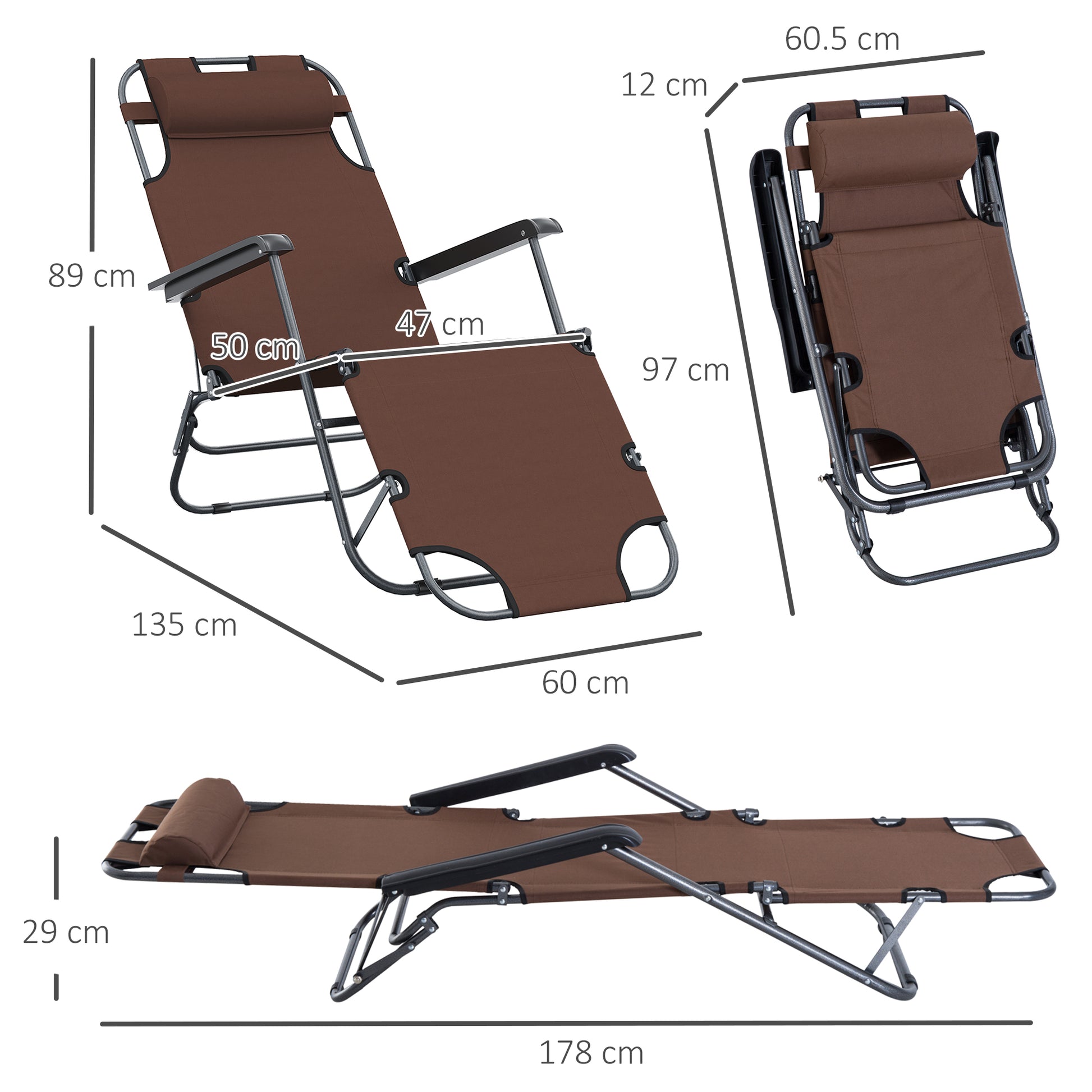 Outsunny 2 in 1 Folding Sun Lounger Reclining Garden Chair Set of 2 with 2-Level Adjustable Backrest, Outdoor Zero Gravity Recliner Garden Chairs with Head Pillow and Armrests, Brown