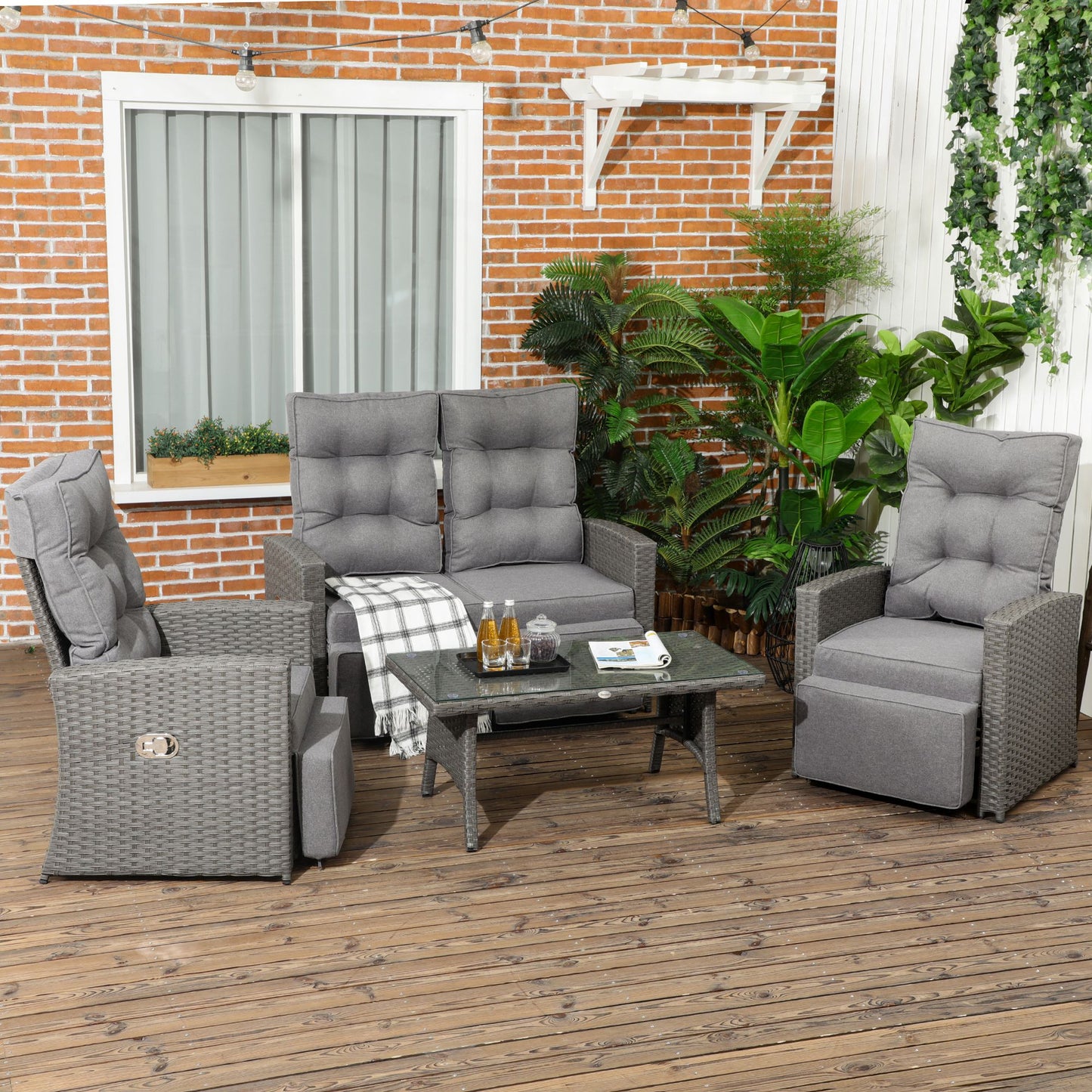 Sorrento 4 Piece Rattan Garden Furniture Set Garden Sofa Sectional Set with Glass Top Table for Poolside, Grey