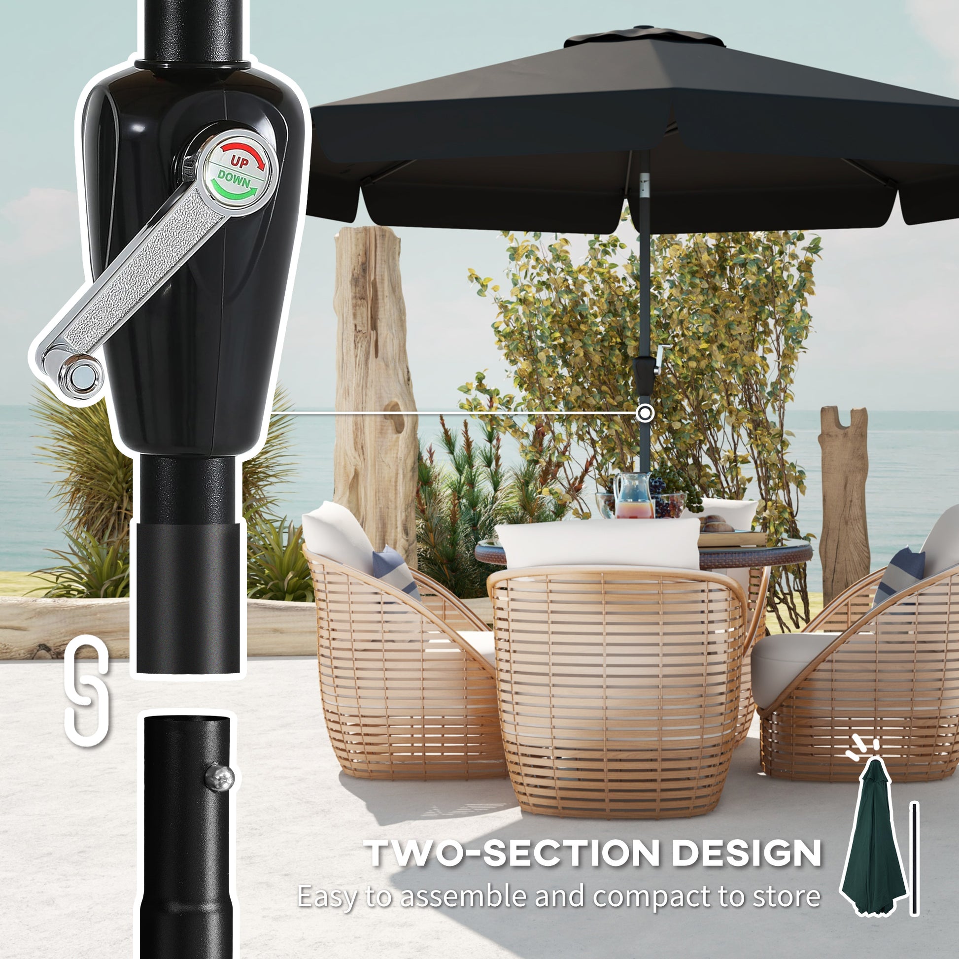 Outsunny 2.7m Patio Parasol Garden Umbrellas Outdoor Sun Shade Table Umbrella with Tilt, Crank, 8 Ribs, Ruffles, Black