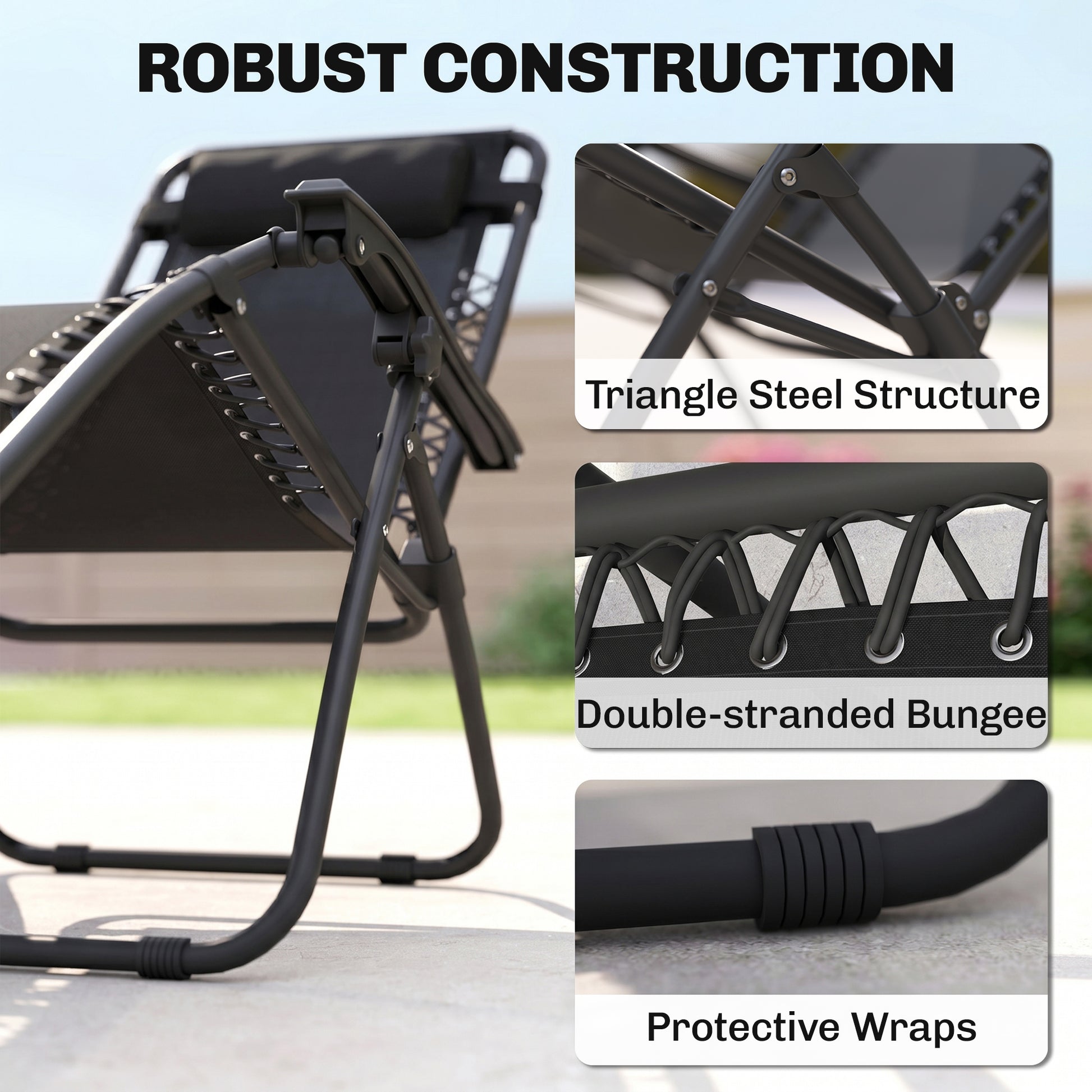 Outsunny Folding Zero Gravity Chairs, 3 Pieces Adjustable Sun Lounger and Table Set with Cup Holder and Headrest, Patio Bistro Set with Reclining Garden Chairs for Outdoor, Black