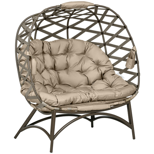 Outsunny 2 Seater Egg Chair Outdoor, Folding Weave Garden Furniture Chair with Cushion, Cup Pockets - Khaki