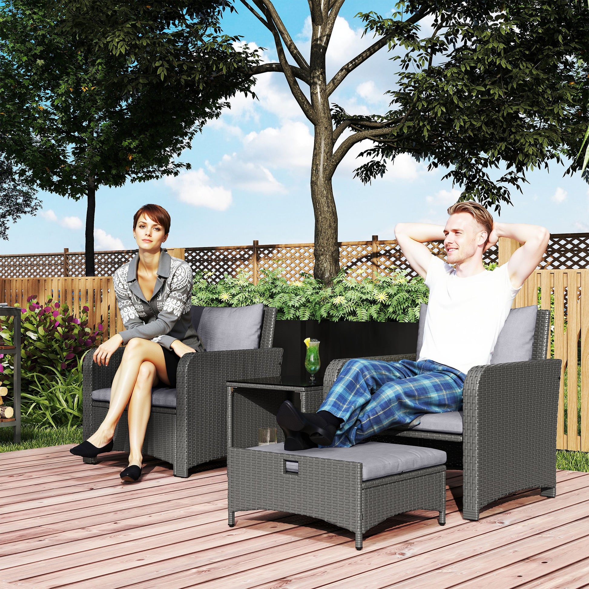 Amalfi Five Piece Rattan Garden Furniture Set with 2-Tier Coffee Table and Ottomans - Grey