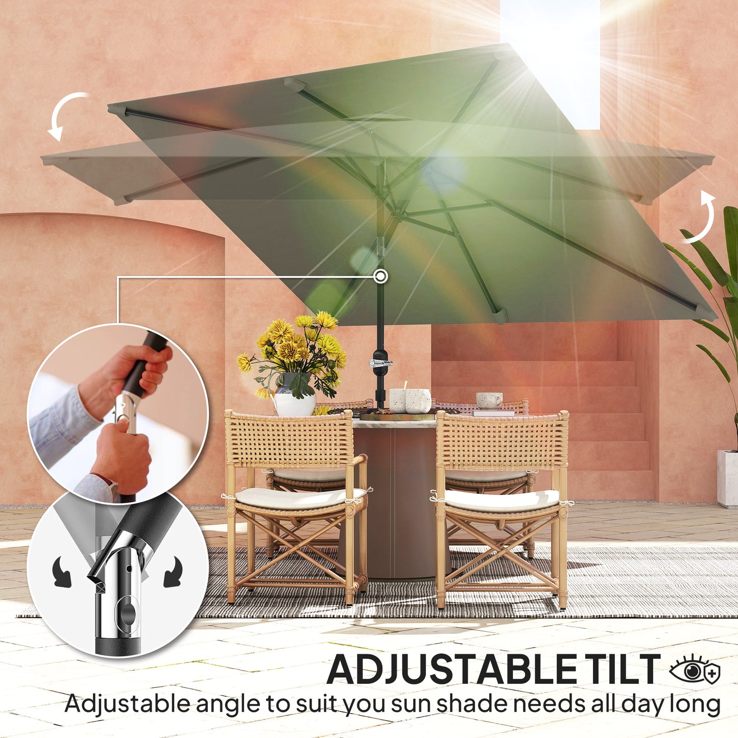 Outsunny 3x2m Garden Parasol Umbrella with Aluminium Pole, Tilt and Crank, Rectangular Outdoor Table Parasol Sun Shade for Patio, Light Grey