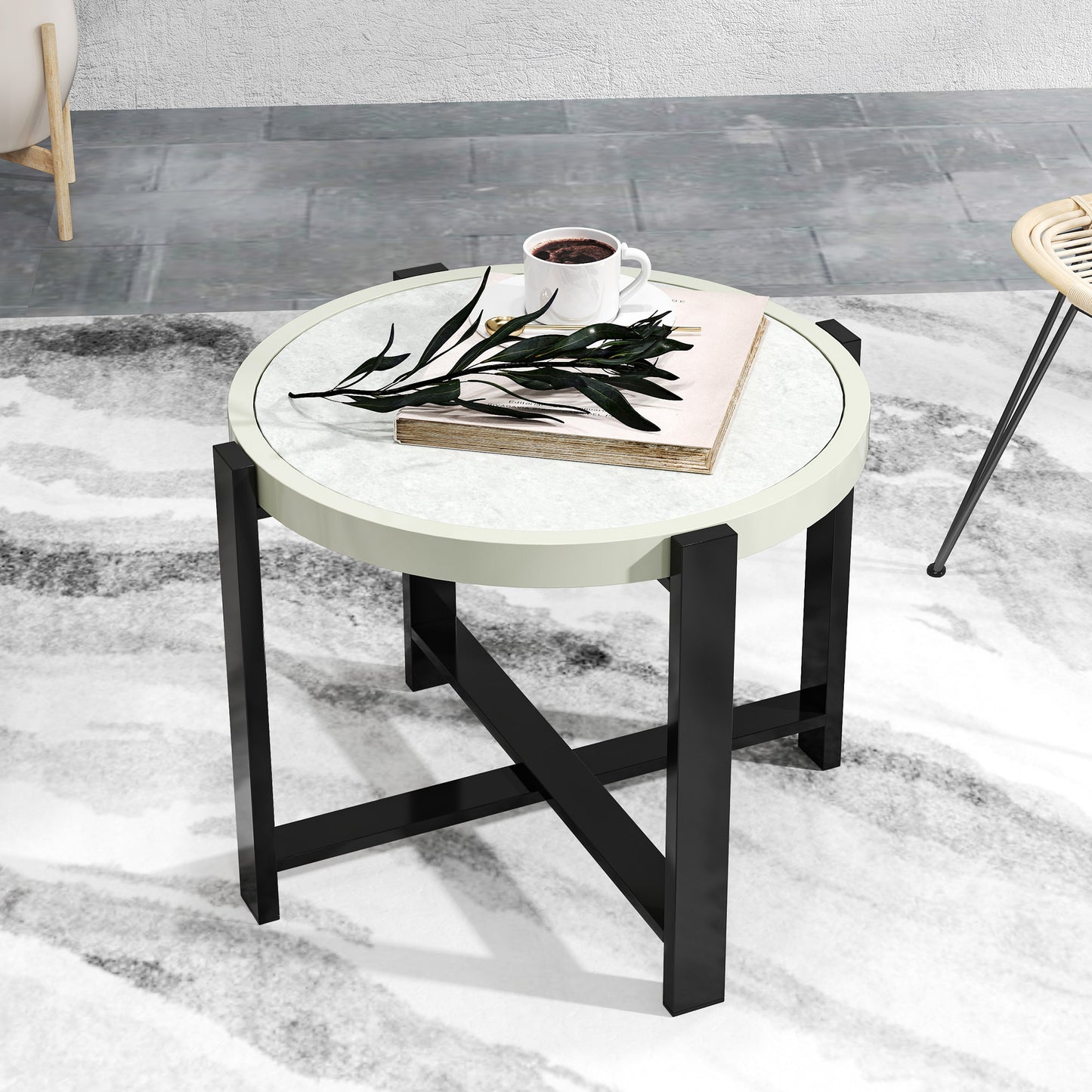 Round Small Garden Table, 60cm Outdoor Side Table with Faux Marble Tempered Glass Top, Aluminium Frame for Garden, Patio, Balcony, Light Grey
