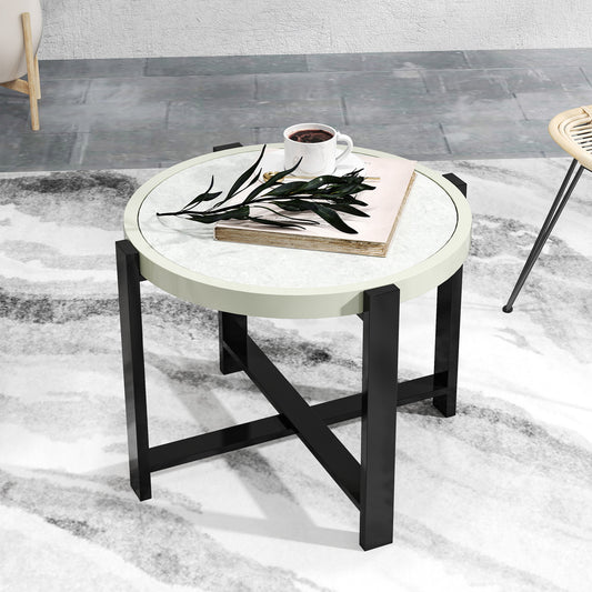 Round Small Garden Table, 60cm Outdoor Side Table with Faux Marble Tempered Glass Top, Aluminium Frame for Garden, Patio, Balcony, Light Grey
