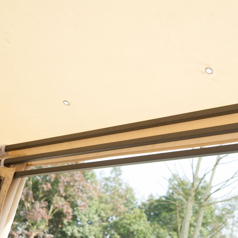3m x 3m Beige Hexagonal Garden Gazebo with Curtains, Mesh Netting & Double-Tier Canopy