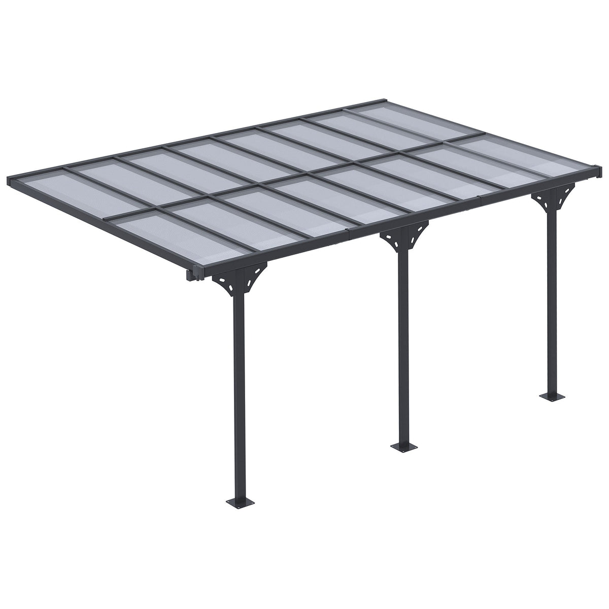 4.35m x 3m Wall Mounted Pergola – Aluminium Frame & Polycarbonate Roof – Grey Patio Cover