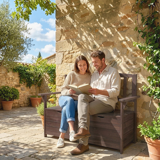 Capri Outdoor 2 Seater Garden Bench, Wooden Bench with Storage, Backrest, Arm Rests, 112 x 84 x 58 cm, Brown