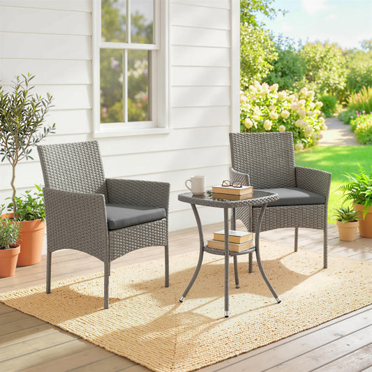 Monaco 3 Piece Rattan Bistro Set, PE Wicker Garden Furniture Conversation Set with 2 Tier Glass-Top Table, Chairs