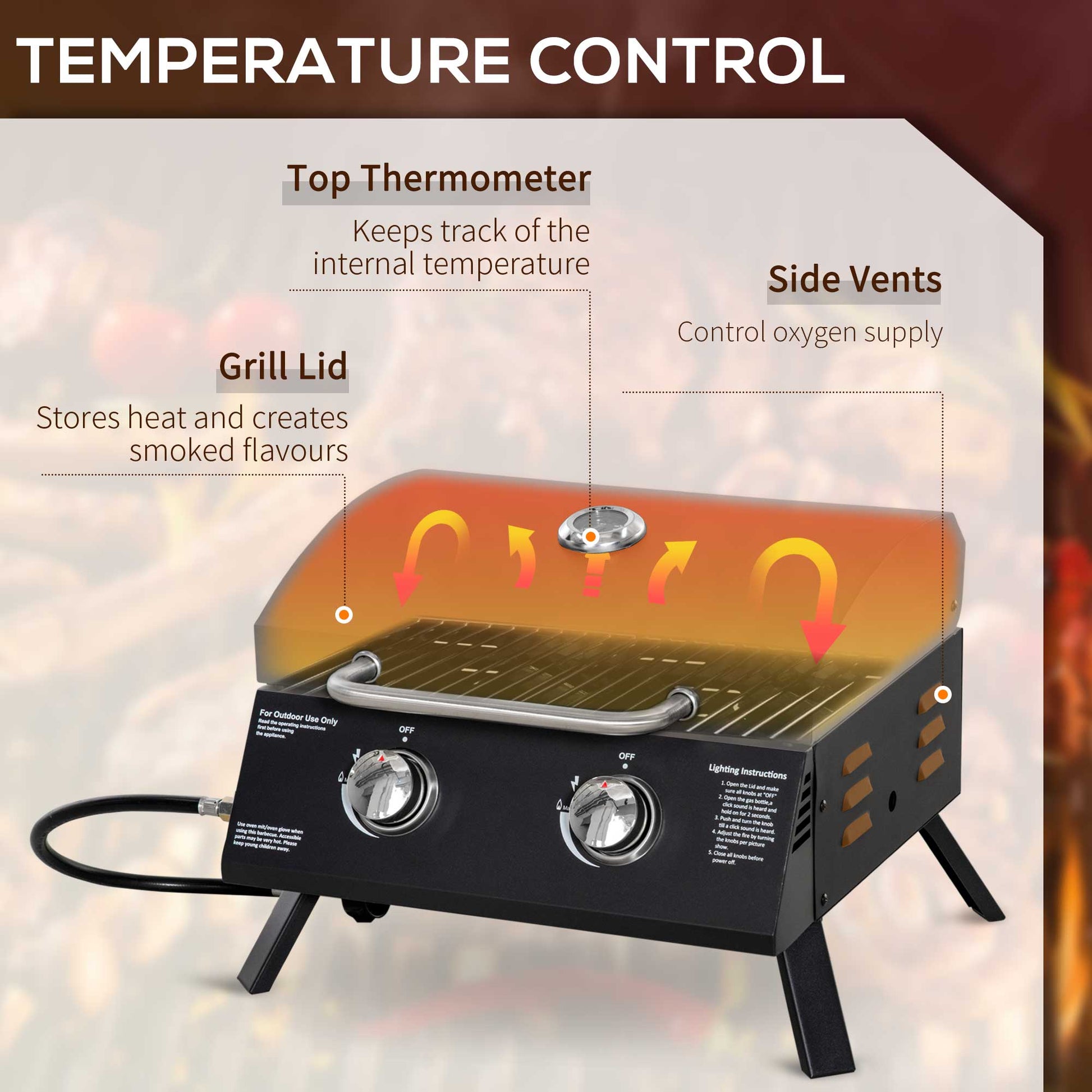 Outsunny 2 Burner Gas BBQ Grill, 5.8 kW Outdoor Portable Folding Tabletop Barbecue w/ Lid, Thermometer, Carbon Steel, Black