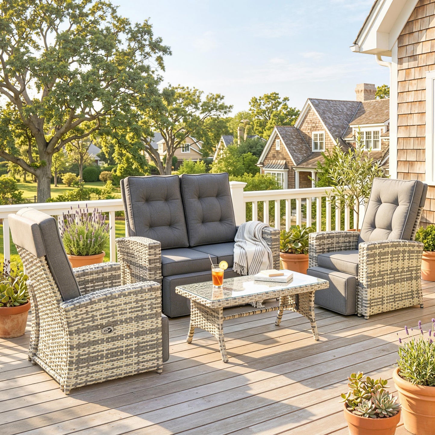Monaco 4 Piece Rattan Garden Furniture Set Garden Sofa Sectional Set with Glass Top Table for Poolside, Light Grey