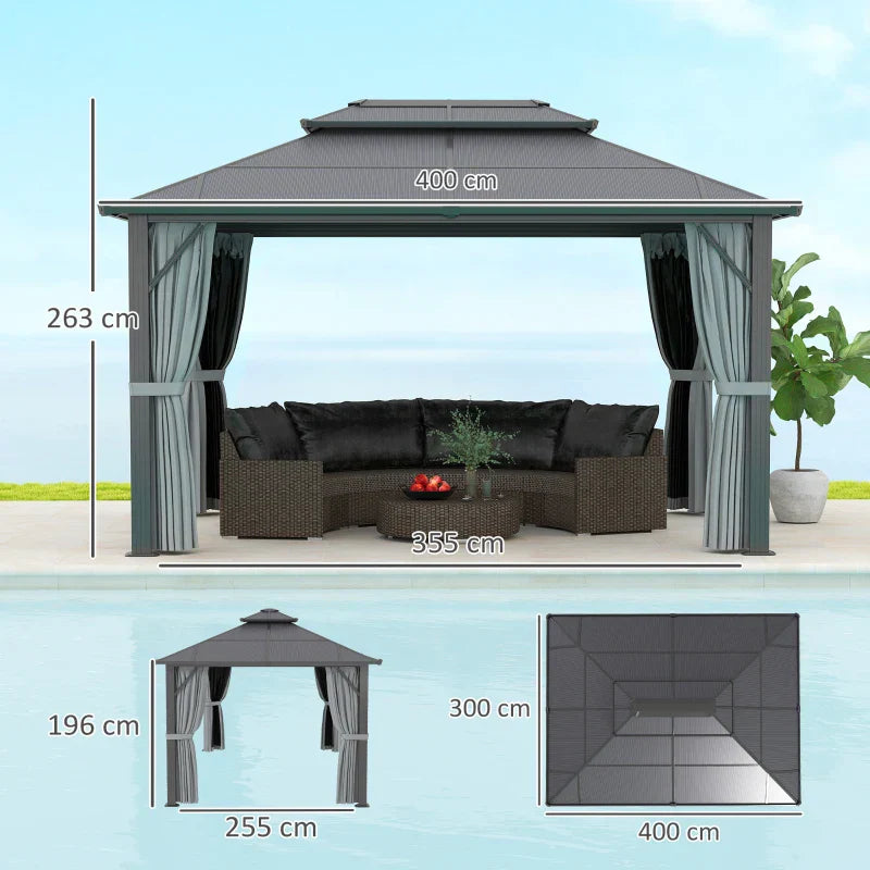 4m x 3m Grey Aluminium Hardtop Gazebo Pavilion – UPF30+ Polycarbonate Roof Outdoor Garden Shelter with Privacy Curtains & Insect Netting