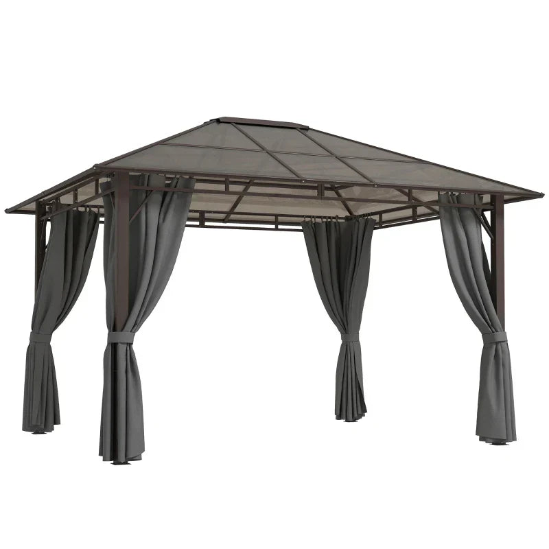 Dark Grey 3m x 3.6m Hardtop Gazebo – Polycarbonate Roof Garden Pavilion with Removable Privacy Curtains
