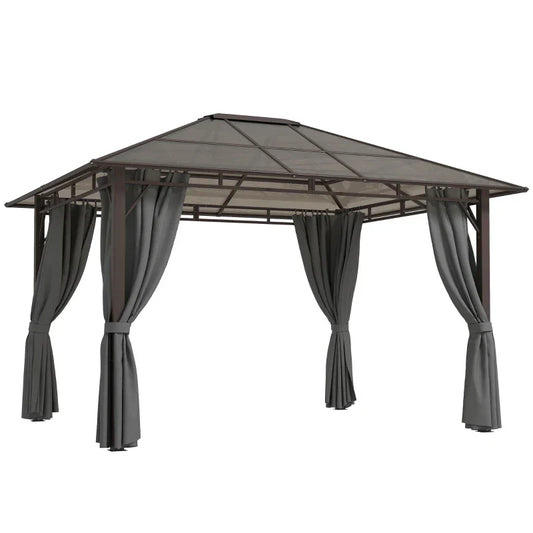 Dark Grey 3m x 3.6m Hardtop Gazebo – Polycarbonate Roof Garden Pavilion with Removable Privacy Curtains