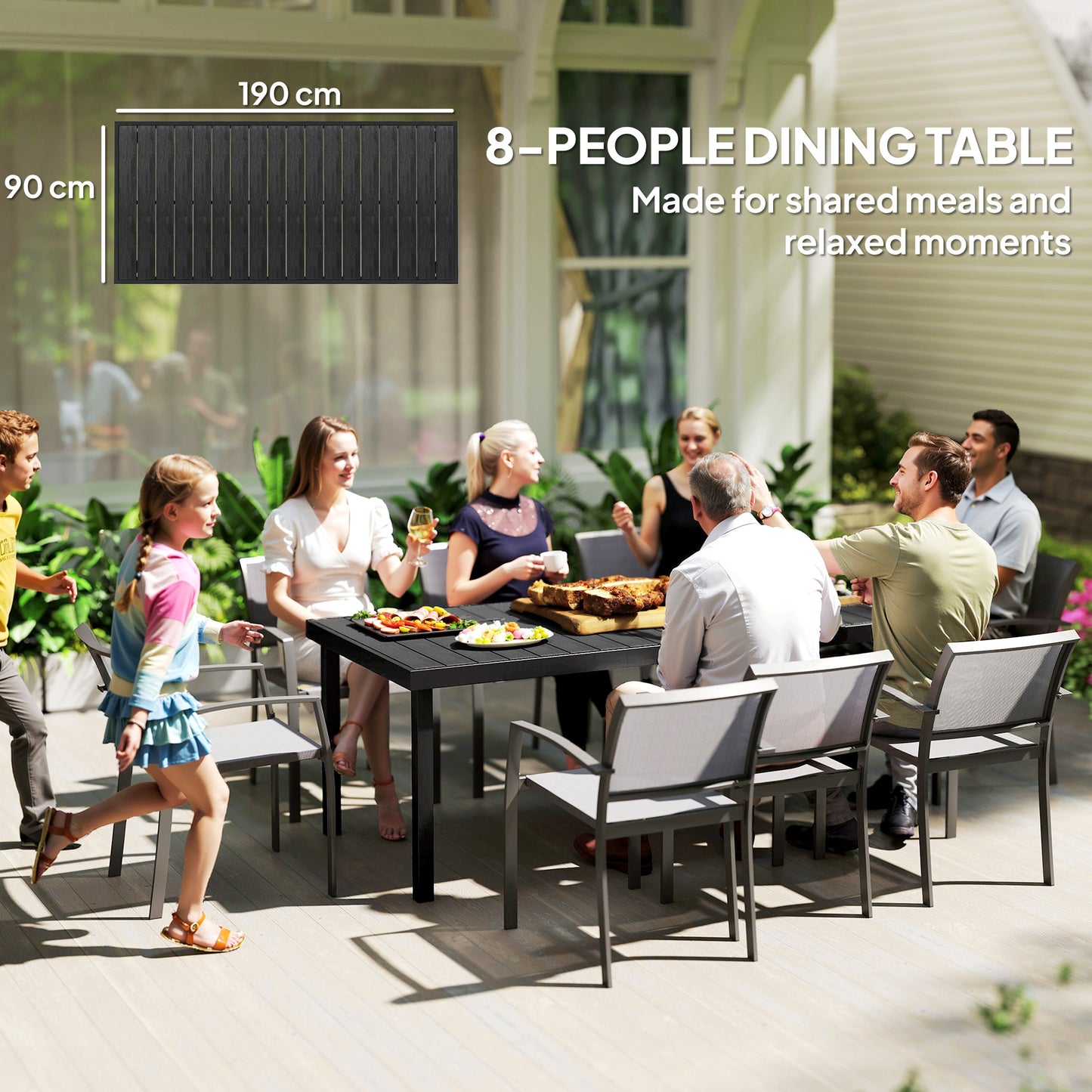 Outsunny Aluminium Outdoor Garden Dining Table for 8 People, Faux Wood Top, for Garden, Patio, 190 x 90 x 74cm, Black