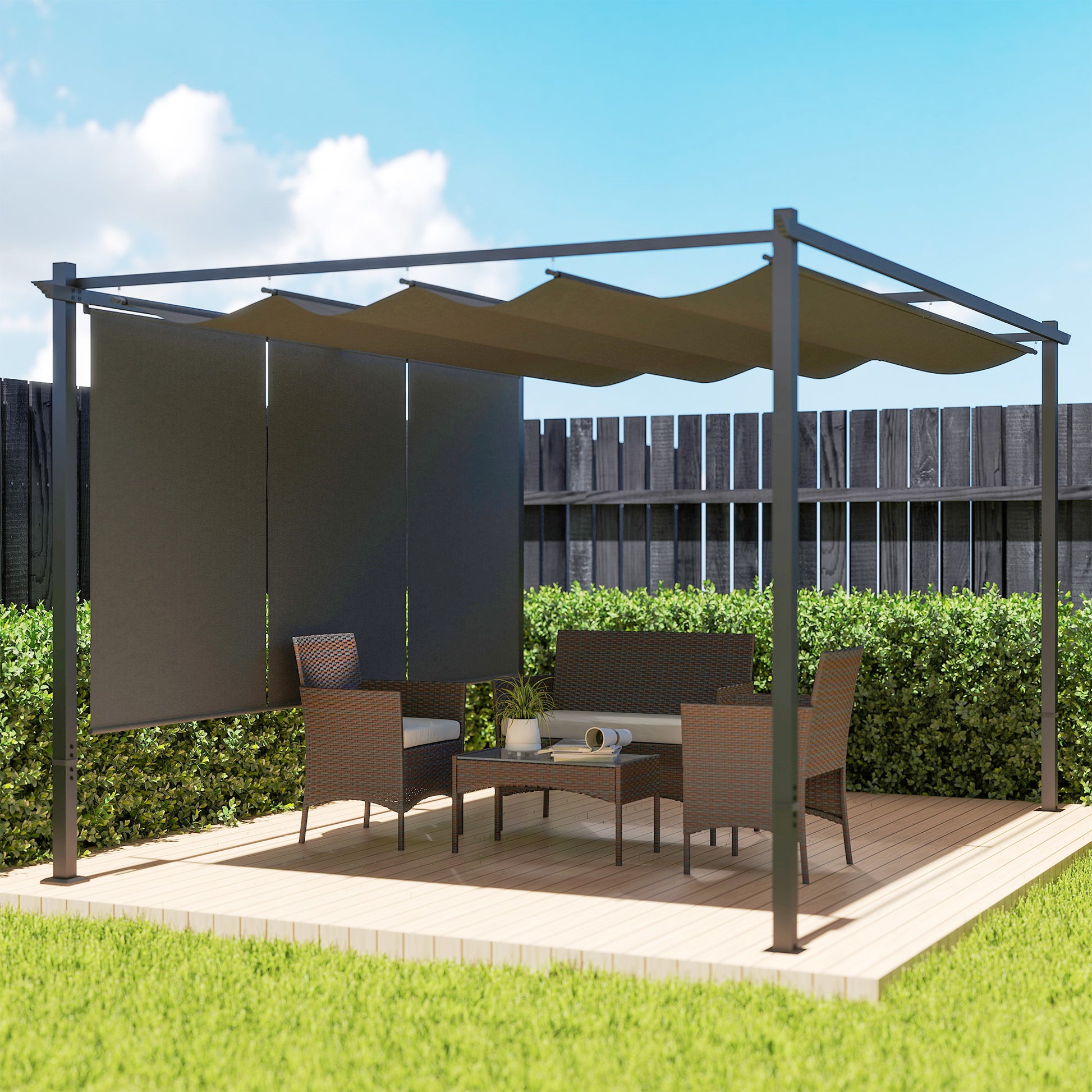 3 x 4m Metal Pergola with Retractable Roof and Roller Shade
