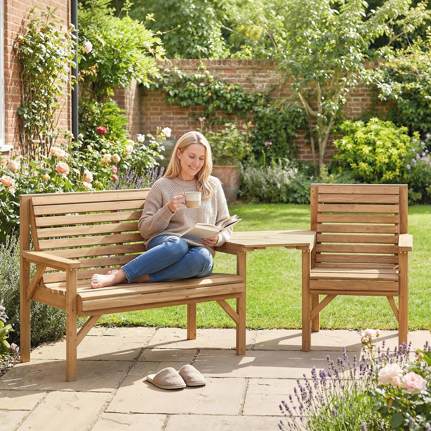 Verona Wooden Garden Furniture Set, 1 Chair, 1 Bench and Detachable Table, Natural Wood Finish