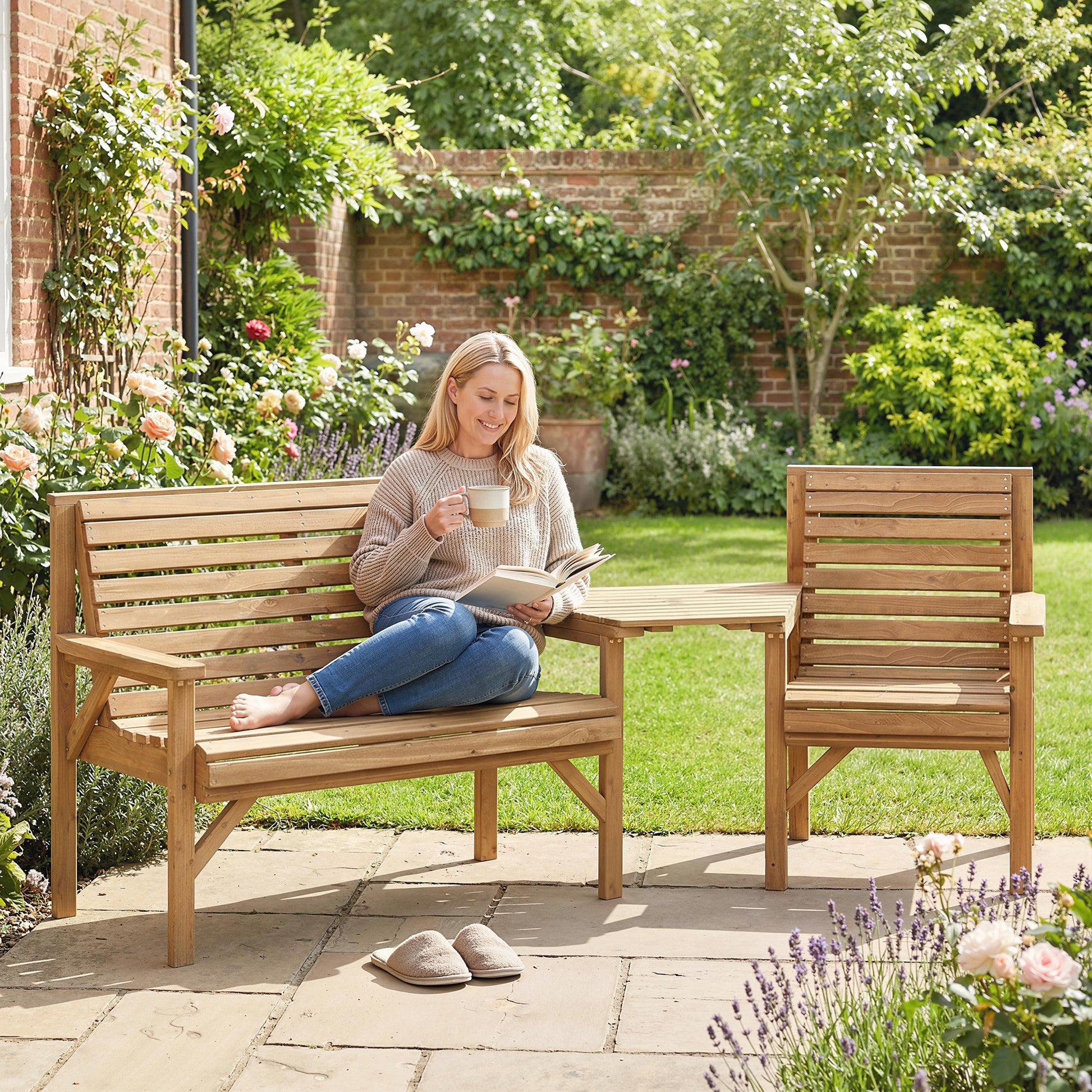 Verona Wooden Garden Furniture Set, 1 Chair, 1 Bench and Detachable Table, Natural Wood Finish
