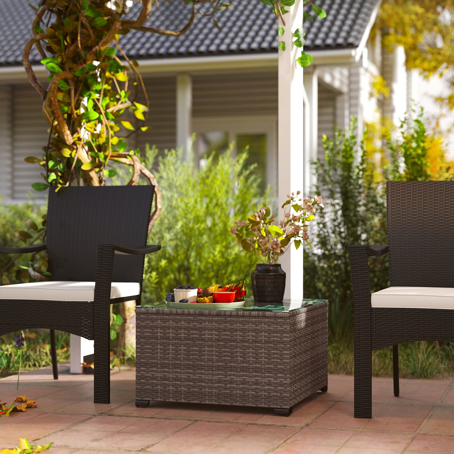 Mediterraneo 62 x 62cm Glass-Top Rattan Side Table - Dark Grey