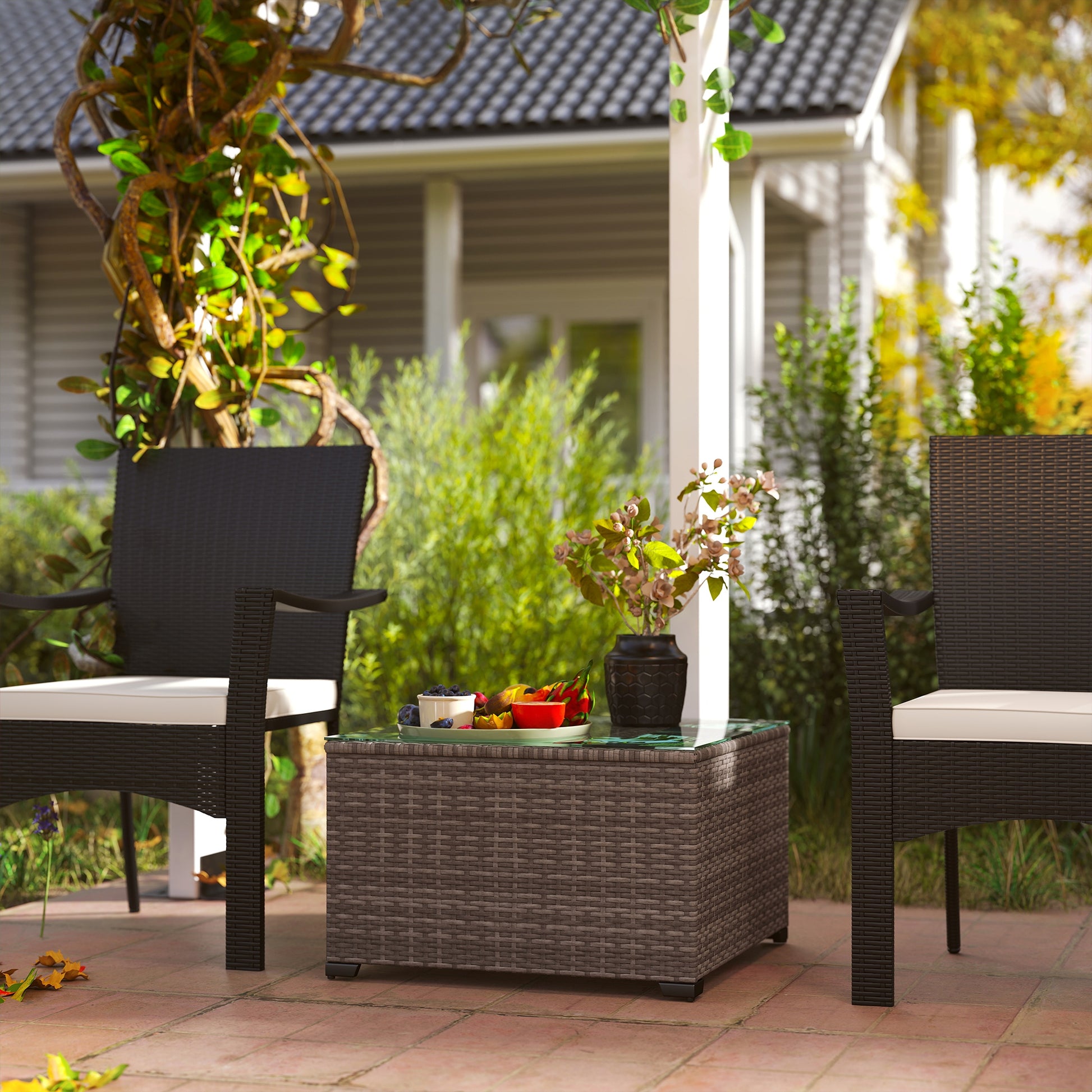 Mediterraneo 62 x 62cm Glass-Top Rattan Side Table - Dark Grey