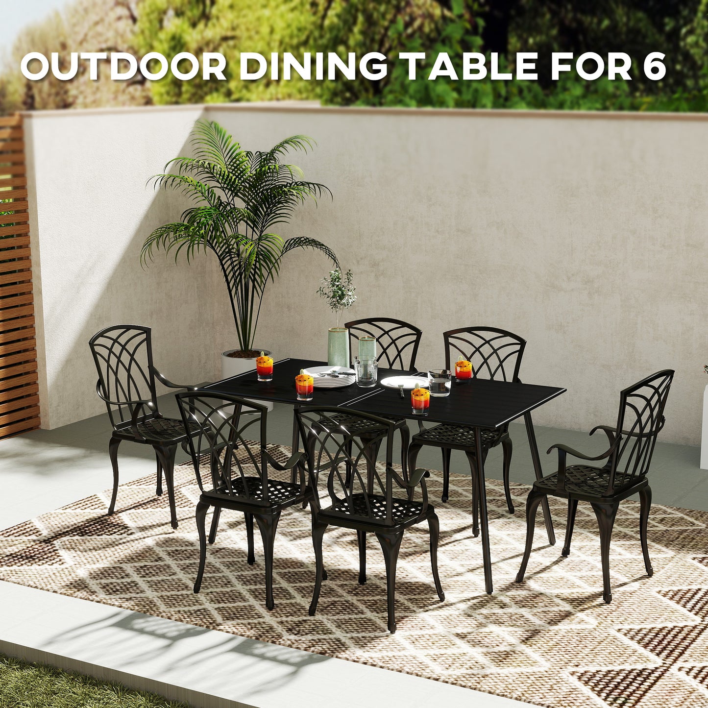 Outsunny Rectangle Garden Table with Slat Top, Steel Frame, Outdoor Table for 6 Person, 150 x 80 x 74 cm, Black